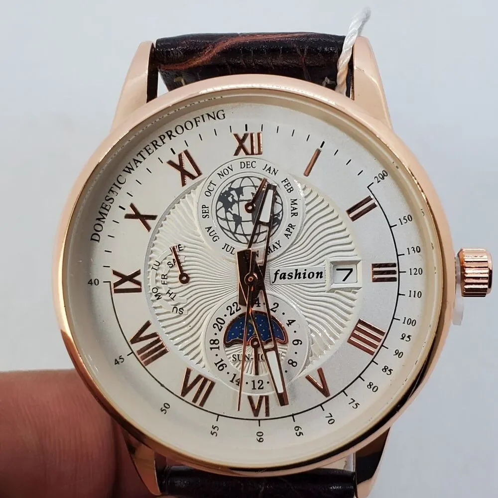 Men's 40MM Watch Gray Dial Brown Leather‎ Bands Roman Numerals Date Indicator